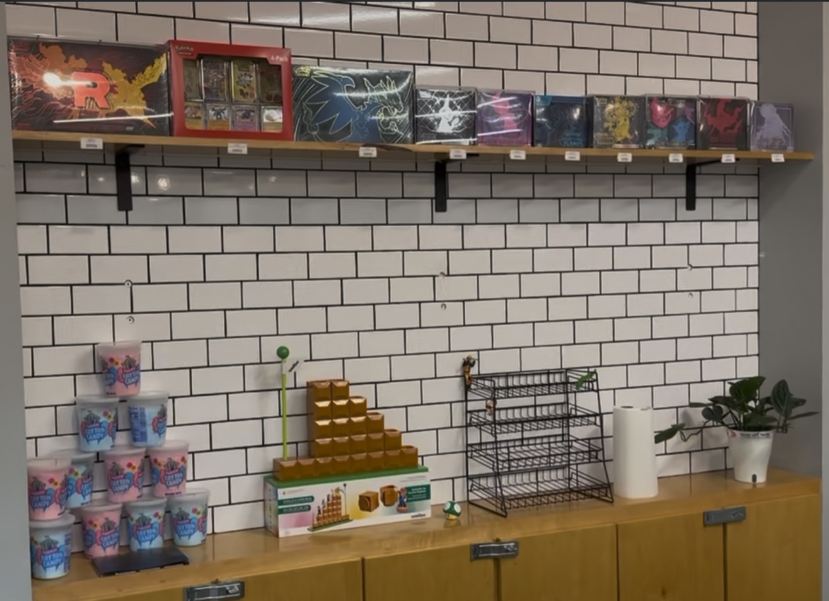 In-store shelves of sealed Pokémon, Nintendo collectibles and candy